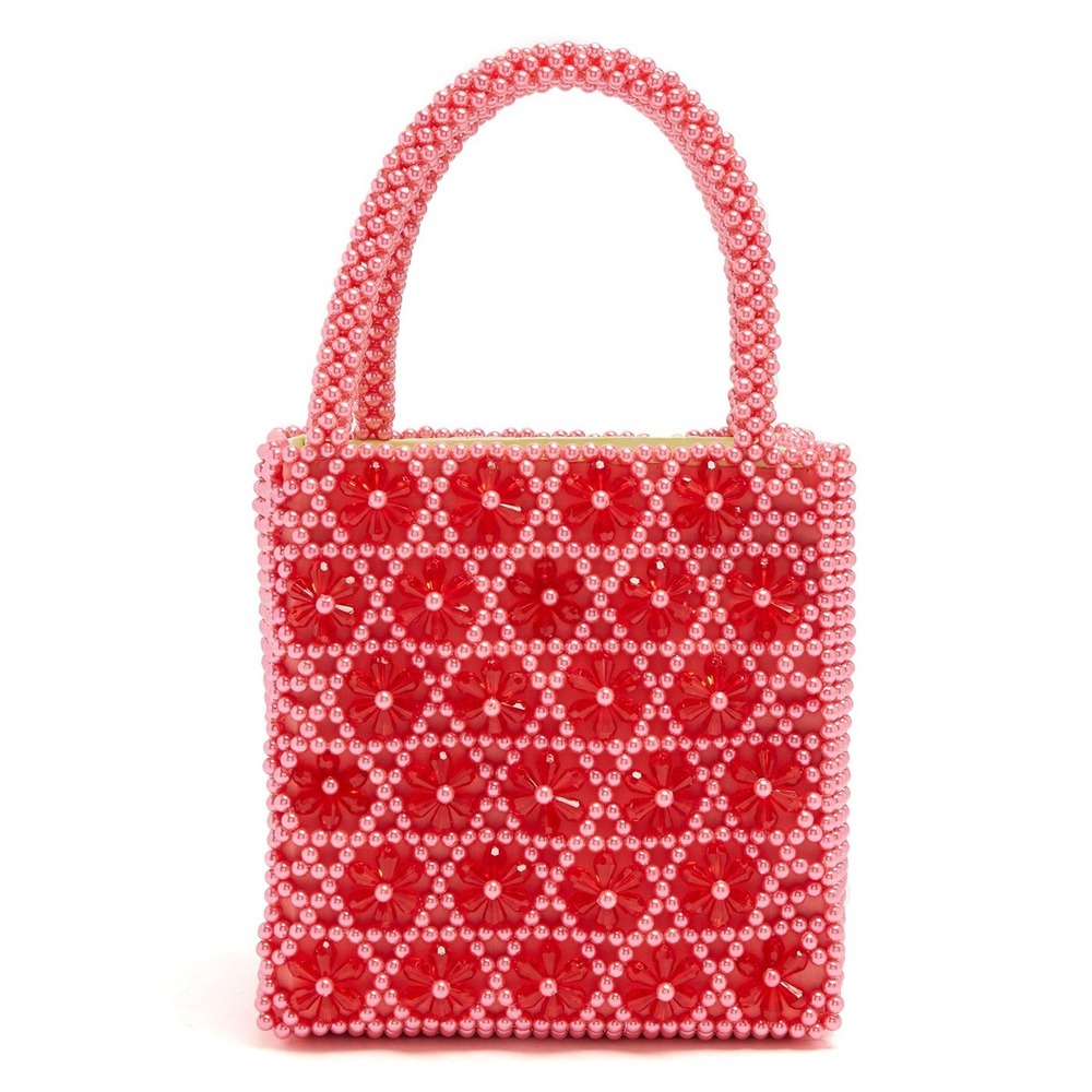 Shrimps Venezia Beaded Handbag Pink Red Faux Pearl Floral Top Handle Bag